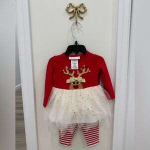 3-6 Month Red and Gold Reindeer Tutu Shirt With Leggings